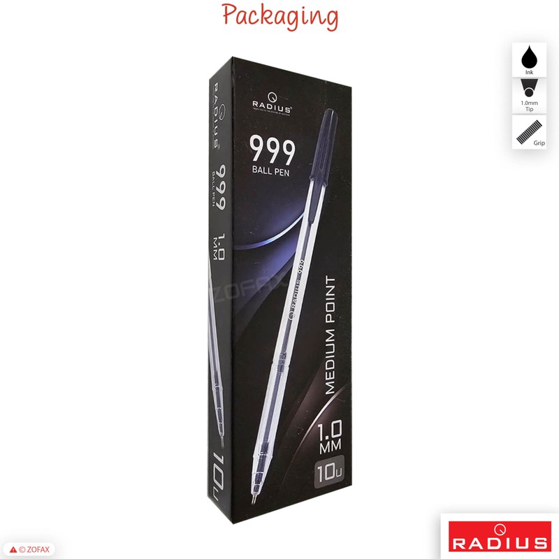 RADIUS 999 Ballpoint Pens, BLACK, Medium Point (1.0mm), Pack of