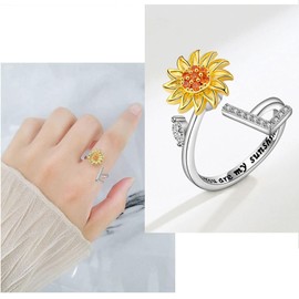 VYYU Fidget Ring with Beautiful Sunflower & Initial Letter ABC to XYZ - You are My Sunshine Anxiety Relief Stress Open Rings | Reliever Spinner Stress Relief Sunflower Gifts for Women Wife Daughter, L