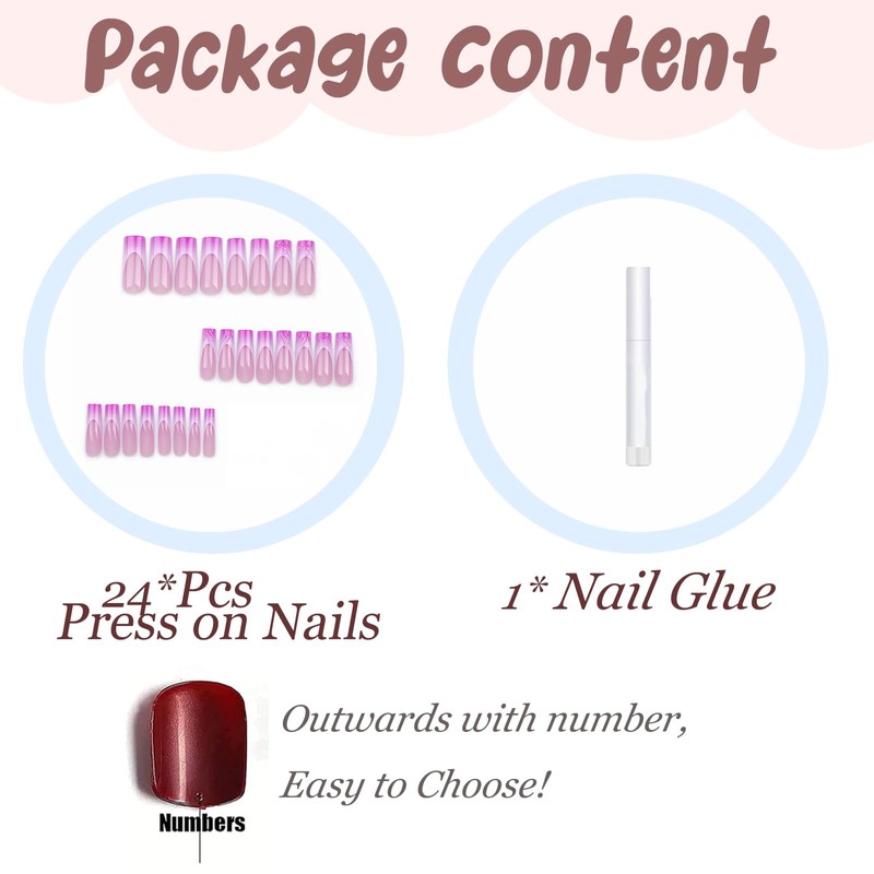 BABALAL Long Press on Nails Square Fake Nails Purple Pink