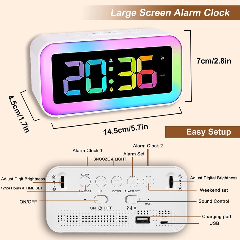 RGB Alarm Clock for Kids,Adjustable Brightness10%-100%,Dual Alarm, Sound Control, Bedside