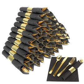 Dlebay 50 Pack Pre Rolled Gold Plastic Silverware Set,Wrapped Plastic Cutlery Set with Napkin Include 50 Forks,50 Spoons,50 Knives and 50 Black Napkins for Party, Wedding,Christmas