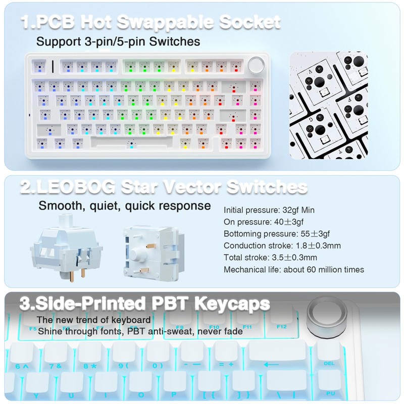 AULA F75 Pro Wireless Mechanical Keyboard,75% Hot Swappable Custom Keyboard,RGB