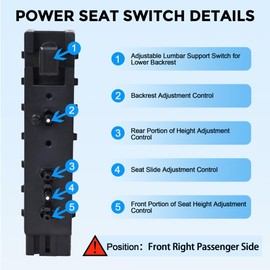 Power Seat Switch Passenger Side Adjustment Compatible with Ford 2006-2019, Lincoln 2006-2019, Mercury 2006-2011, Replaces 9L3Z14A701FA, DE9Z14A701BA, SW7337，Front Right