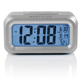 Westclox Alarm Clock with Large Digital Display and Blue Backlight on Demand, Westclox Alarm Clock, Month/Date and Temperature Display with Ascending 5 Minute Snooze Alarm, Silver
