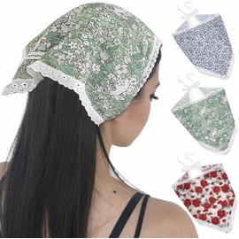 Boho Sweet little floral fragments Triangle Hair Scarf Headband Floral Head Print Hair Bandanas for Women(3 Pcs) (Green, Blue, Red, One size)