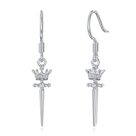 Sword Crown Cross Earrings Sterling Silver Crown Sword Dangle Earrings Sword Jewelry for Women Gifts, Small, Sterling Silver, No Gemstone