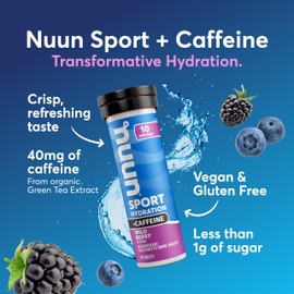 Nuun Sport Electrolyte Tablets with Caffeine from Green Tea Extract, Magnesium, Calcium, Potassium, Chloride & Sodium, Gluten Free & Vegan, Wild Berry, 8 Pack (80 Servings Total)