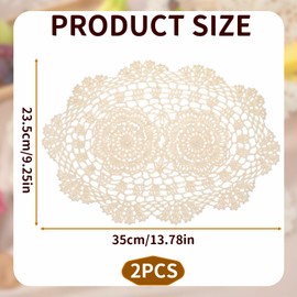 2-Pack Vintage Lace Placemats - 10x14 Inch French Crochet Lace Doilies, Handmade Embroidered Oval Table Mats for Dining, Tea Party, Wedding Decor, Furniture and Home Decoration (Beige)