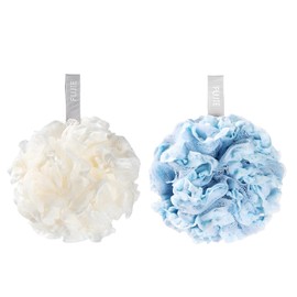 2-Pack Eco-Friendly Loofah–Soft Mesh Shower Sponge with Lace Trim & Hanging Loop–Fluffy Bath Scrunchie for Rich Lather & Deep Cleansing–Durable Shower Puff for Women & Men (Blue & White