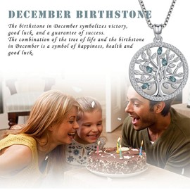 Aniu Birthstone-Necklace for Women, Solid Sterling Silver Family Tree-of-Life-Pendant, Crystal Gemstone Charm Jewelry, Birthday Gift for Mom Wife Girlfriend Grandma (December Birthstone)