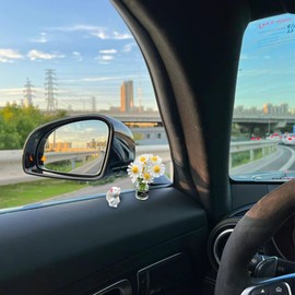 Sandfren Set of 2 Mini Bunny Daisy Car Rearview Mirror Ornaments, Cute Funny Blossom Flower Vase Vehicle Dashboard Decorations, Rabbit Kawaii Auto Interior Dash Accessories, Universal Fit (White)