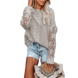 Dokotoo Sweater Women Ladies Cute Soft Thick Round Neck Solid Hollow Out Lace Crochet Autumn Cozy Long Sleeve Cable Knit Pullovers Sweaters for Women 2X Large Gray