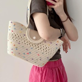 zuevichn Women's Summer Woven Bag, Tote Bag, Summer Shoulder Bag, Lightweight, Stylish, Shoulder Bag, Knitting, Cute, Simple, color