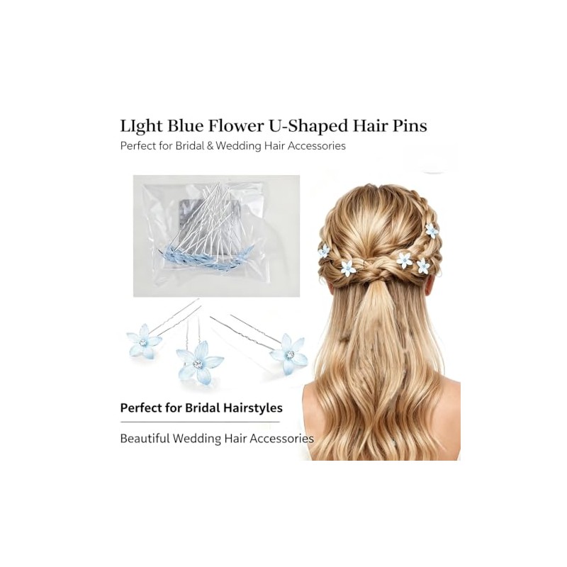 10Pcs Blue Flower Hair Pins,Rhinestone U-Shaped Bridal Hair Accessories