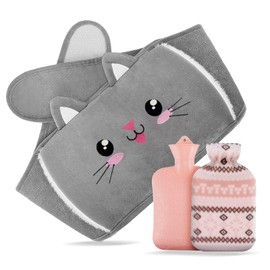RISAKOGO Hot Water Bottle Belt, 1 Litre Hot Water Bottle with Cover, 3 Portable Hot Water Bottle Belt, Cat Rubber for Adults and Children, Hot Water Bottle, Christmas Gifts