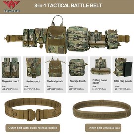 YAKEDA Tactical Battle Belts 8-in-1 Molle Hunting Belt Fishing Game Belt with Pouches for Comfort & Reliability (Camou)