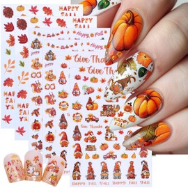 6 Sheets Fall Nail Stickers 3D Self-Adhesive Thanksgiving Nail Stickers with 5D Embossed Maple Leaf Nail Art Sticker Squirrel Pumpkin Leaves Design Autumn Nail Decals for Holiday Manicure Decorations