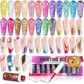 Clara Colors Glitter Gel Polish Nail Art Gel Liner Set for Winter,20 Colors Red Yellow Gel Polish for Swirl French Tip Painting Designs Built Thin Nail Art Brush in Bot