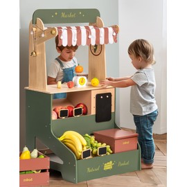 ROBUD Pretend Play Grocery Store with Lights, Supermarket Playset for Kids, Interactive Wooden Play Market Stand, Gift for 3+ Kids Boys Girls (Vintage Green)