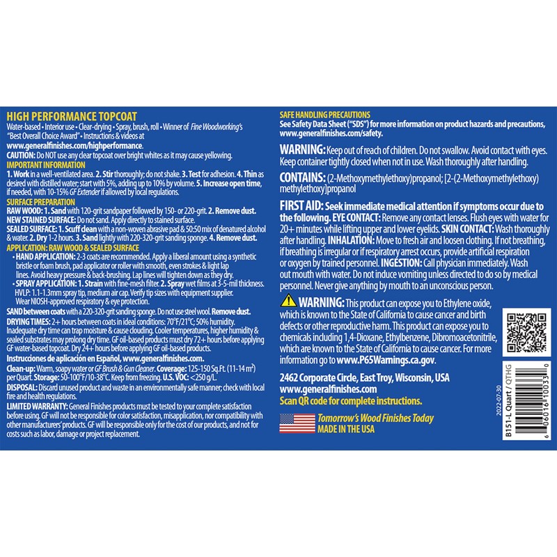 General Finishes High Performance Water Based Topcoat, 1 Pint, Gloss