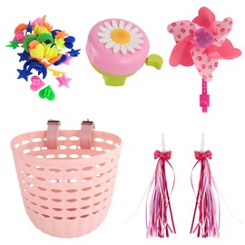 Kids Bike Basket Set - Pink Bicycle Basket with 2 Pairs of Adjustable Straps, Easy-Install Detachable Girls' Bicycle Accessories, Includes Bike Bell Windmill Bowknot Streamers
