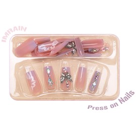IMRAIN IMRAIN Press on Nails Long Square Fake Nails Purple Gradient Glossy False Nails Full Cover Glue on Nails with Butterfly Rhinestone Designs Artificial Spring Acrylic Squoval Nails Kit Stick on Nails