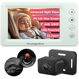Baby Car Camera with Advanced Crystal-Clear Night Vision, 3X Zoom, USB Powered, AHD 1080P 5'' IPS Full View Car Baby Monitor, Backseat Camera for Kids Infants Rear Facing Mirror, 5inch, Green