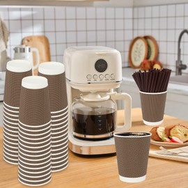 100 Pack 12 oz Disposable Coffee Cups with Lids and Straws, Insulated Ripple Wall To Go Paper Coffee Cups for Coffee, Double Wall Ripple Insulated Hot Coffee Cups, Hot Chocolate, Cocoa - Brown