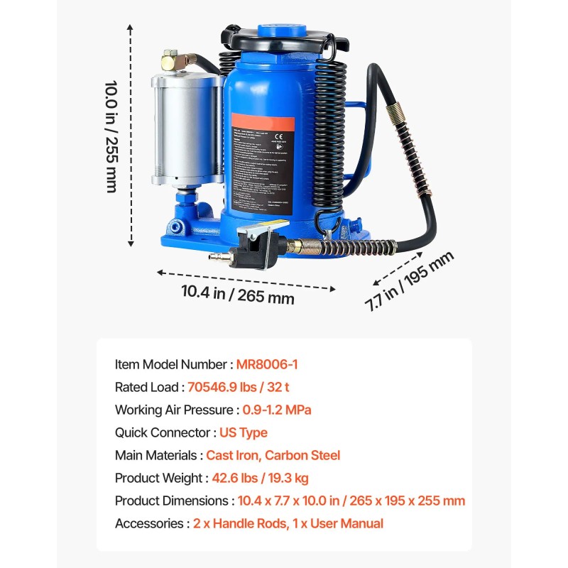 10-16.3 Inch Heavy Duty Welded Air Hydraulic Bottle Jack 32