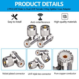 UHF Triple Tee Connector UHF Male to Dual UHF Female 3 Way Splitter Coax Adapter PL259 SO239 Combiner Splitter Adapter for Ham Radio CB Antenna 2 Pack