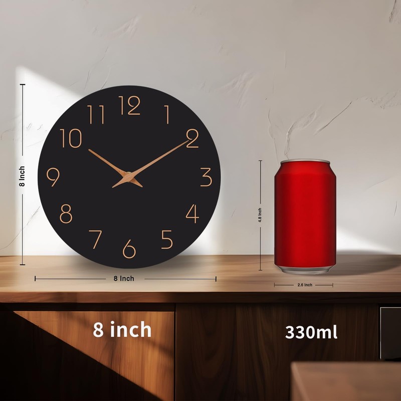 Mosewa Wall Clock 8 Inch Black Battery Operated Silent Non