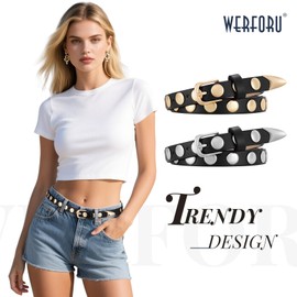 WERFORU 2 Pack Women Skinny Studded Belt Fashion Leather Waistbelts for Women Black Studded Belt for Jeans Pants Dresses 0.71" Width,A-Black-Gold+Silver,31"-35" Waist Adjustable
