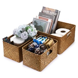 OGANAZI Set of 3 Woven Storage Baskets for Bathroom, Living Room, Bedroom, Seagrass Bins with Handles, Rectangle Portable Hanging Storage Basket for Kitchen Shelves (1 PC Large, 2PCS Small, Caramel)