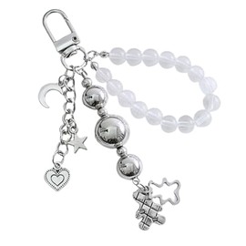 AYYSHULAN Y2K Silver Metal Cute Keychain Aesthetic Accessories Bag Pendant Charms Hippop Heart Bear Pearl for Car Keys Women,Star Moon Bear