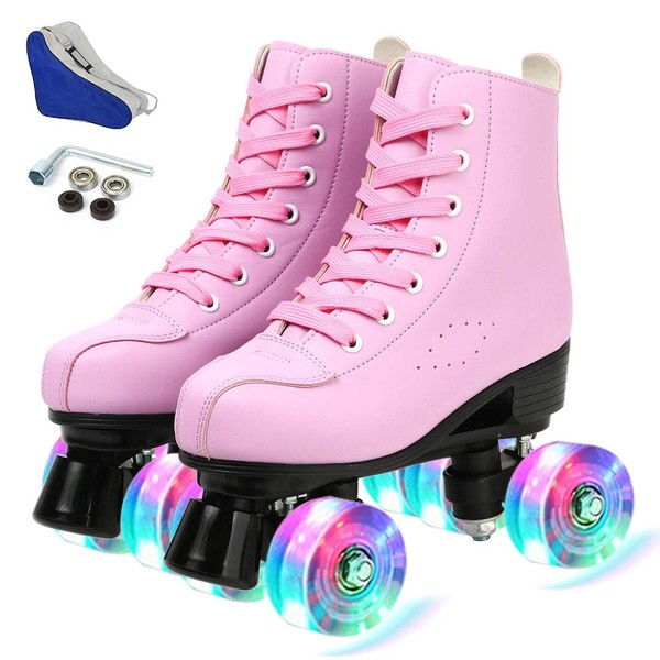 Women's Roller Skates Outdoor PU Leather High-top Four-Wheel Roller Skates Double Row Shiny Roller Skates for Beginner Kids Adults (Pink Flash,39-UK: 6.5-US: 7)