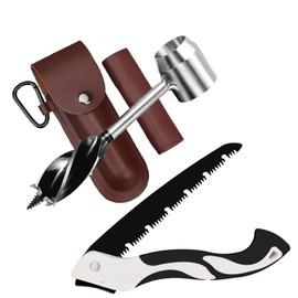 Bushcraft Gear for Survival Settlers Bushscraft Hand Auger Wrench with Folding Saw Eye Wood Drill Peg and Manual Hole Maker Multitool with Protective Case and Hook
