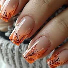 Fall Press on Nails Medium Almond Fake Nails with Maple Leaves Glitter Designs Nude Glue on Nails Charm Orange Glossy Press Ons Autumn Stick on Nails for Women Girls Manicure 24Pcs
