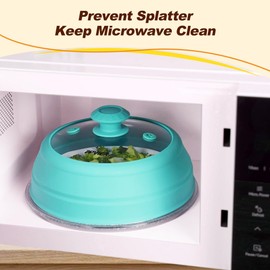 Microwave Splatter Cover, Vented Silicone & Glass Anti-Splatter Lid with Handle, Collapsible Food Plate Cover Fits 6–11 Inch Plates and Bowls (Blue, 10.8inch)