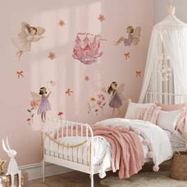 astrkiz Colorful Castle Wall Sticker, Vibrant Flowers Elf Bow Tie Fairy Wall Decals, Vinyl Peel and Stick Wall Art Decor, Whimsical Castle Wall Art Murals for Baby Nursery Girls Bedroom Living Room