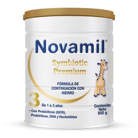 Novamil Symbiotic Premium 3 ,fórmula láctea para bebés de 1 a 3 años, con prebióticos y probióticos, fortalece la inmunidad, enriquecida con hierro, sin gluten, leche en polvo. Contiene un bote con 800g.