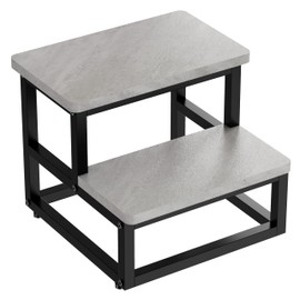 SZLHANJZ Step Stools, Heavy Duty Stepping Stool for Kids Adults, Non-Slip Metal and Wooden 2 Steps Foot Stool for High Beds and Kitchen, Round Corner, 500 Lbs Capacity, Cement Gray