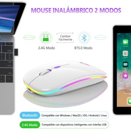 EASYTAO Mouse Inalámbrico, Mouse Bluetooth/Wireless2.4GHz Modos Dual Recargable con Iluminación RGB, Click Silencioso con Receptor USB 3 Ajustable DPI Ratón Para Computadora, Portátil, PC, Mac(Blanco)
