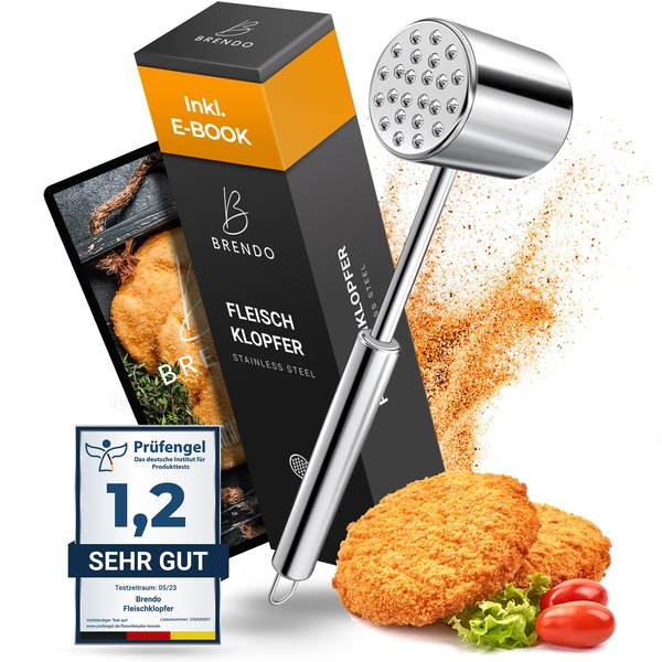 Brendo Stainless Steel Meat Tenderiser – Ideal for All Meat Types with Flat and Serrated Beating Surface I + E-Book Recipe I Dishwasher Safe I Schnitzel Tenderiser