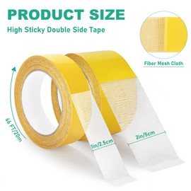 Pinsit Double Sided Fabric Tape Heavy Duty, 1In/2In x 66FTStrong Sticky Clear Tape for Clothes, Double Stick Carpet Tape, Strong Wall Adhesive with Fiberglass Mesh, Heavy Duty 2 Sided Tape-2 Rolls