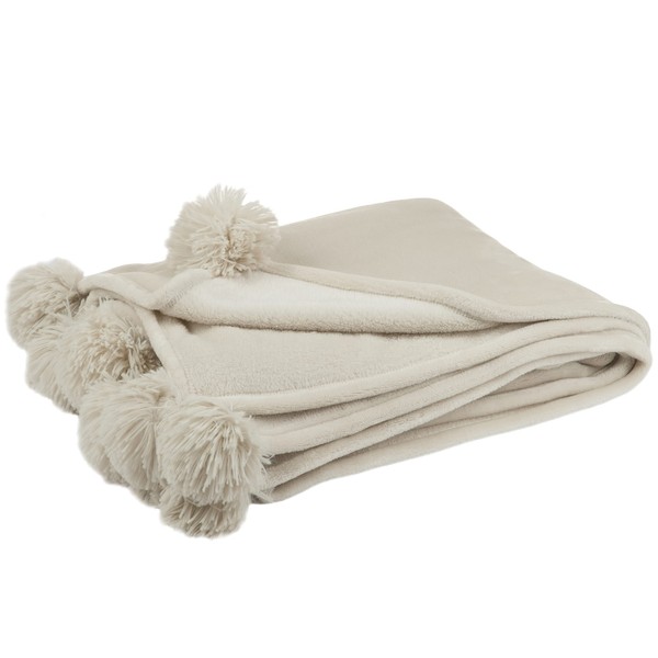 J-Line Cuddly Blanket with Pompoms, Stylish and Modern Bedspread in