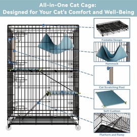 STILLCOVE 3-Tier Cat Cage Indoor: Medium Cat Enclosure Pet Playpen Detachable Metal Wire Kennel Collapsible Crate with Scratching Post & Plush Pads & Hammock for Cats Kittens