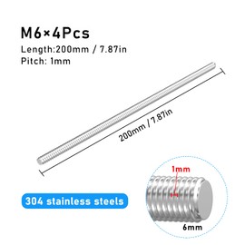 GUEEYUAW 4 Pcs Fully Threaded Rod M6 × 200mm/7.87" 304 Stainless Steel Right Hand Threads