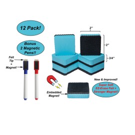 Everglades Backcountry 12 Pack Magnetic Refrigerator Whiteboard Dry Erasers with EZ-Erase Felt Light Blue 2 Inches Complete with Bonus 2 Magnetic Marker Pens