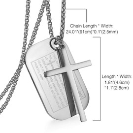 Cupimatch Silver Men's English Bible Dog Tags Cross Prayer Pendant Necklaces, Stainless Steel Jesus Verse Lords Catholic Necklace Chain 24"
