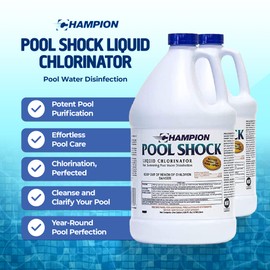 Champion 2-Pack Pool Shock, 12.5 Liquid Chlorinator for Swimming Pools, 1 Gallon Each - Fast-Acting Sodium Hypochlorite Sanitizer, Ready to Use, Non-Staining, Non-Scaling, Commercial Grade